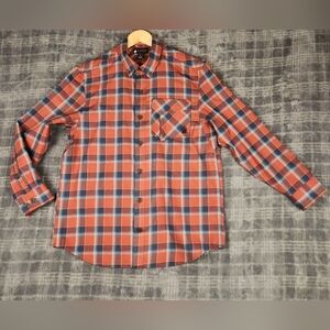 Duluth Trading Co Orangish Red and Blue Plaid Casual Button Down Shirt
